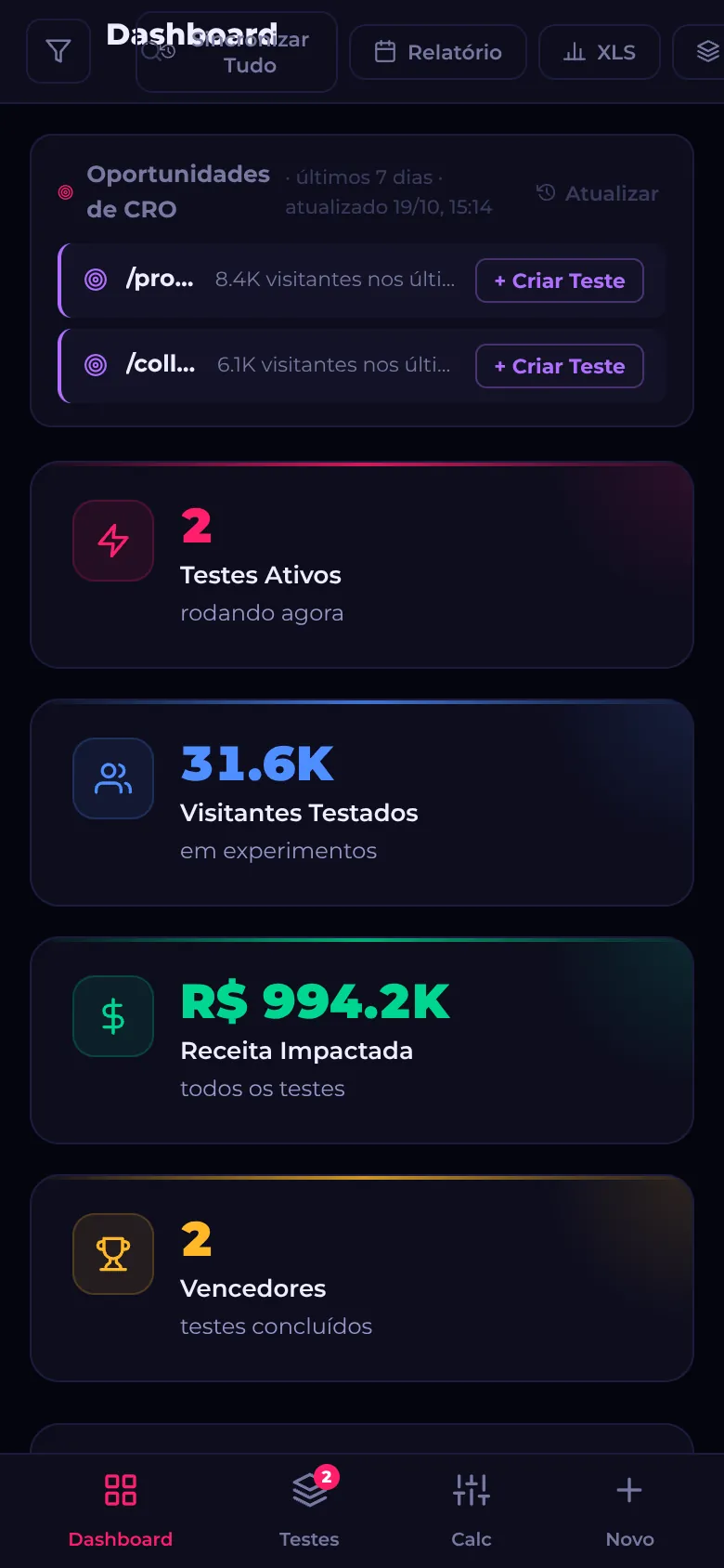 Painel do CRO Lab no celular