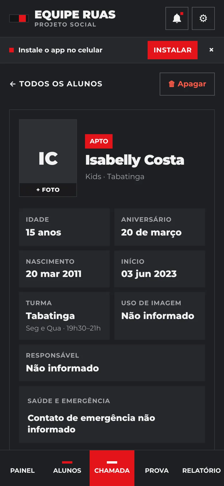 Ficha do aluno no celular