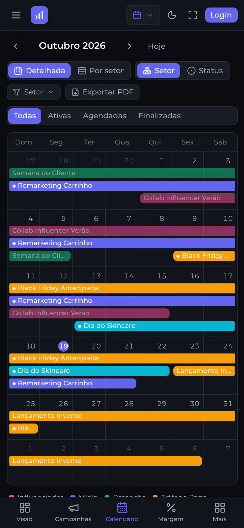Calendário de campanhas no celular