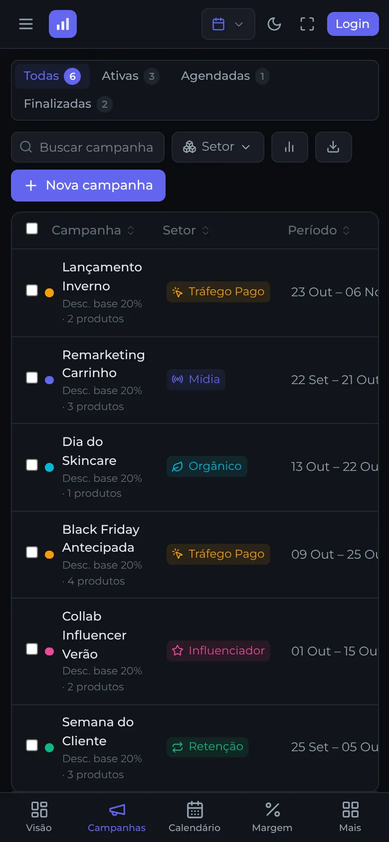 Lista de campanhas no celular