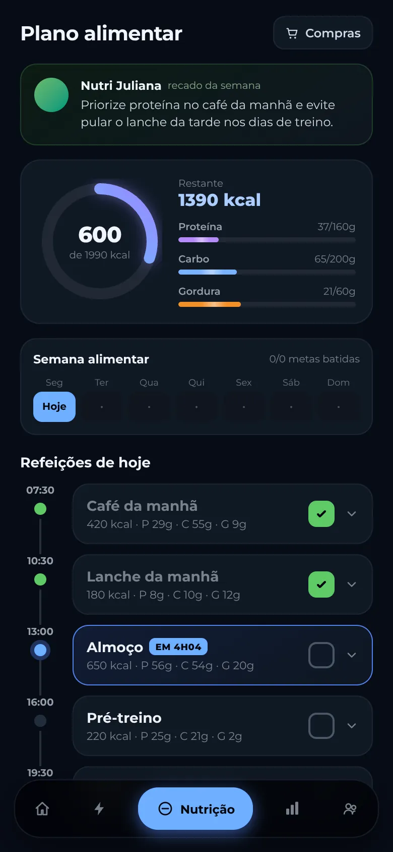 Plano alimentar com anel de calorias, macros e refeições do dia