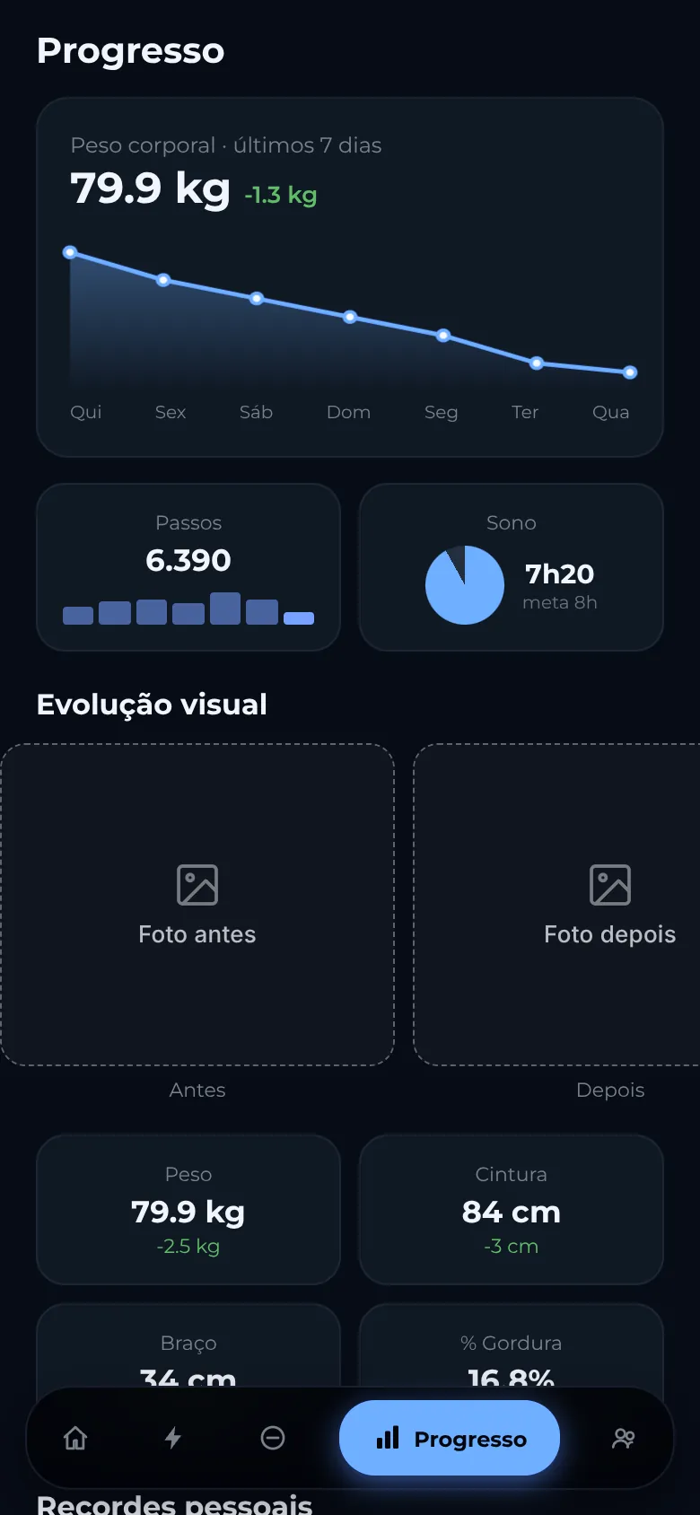 Progresso com gráfico de peso, passos e sono